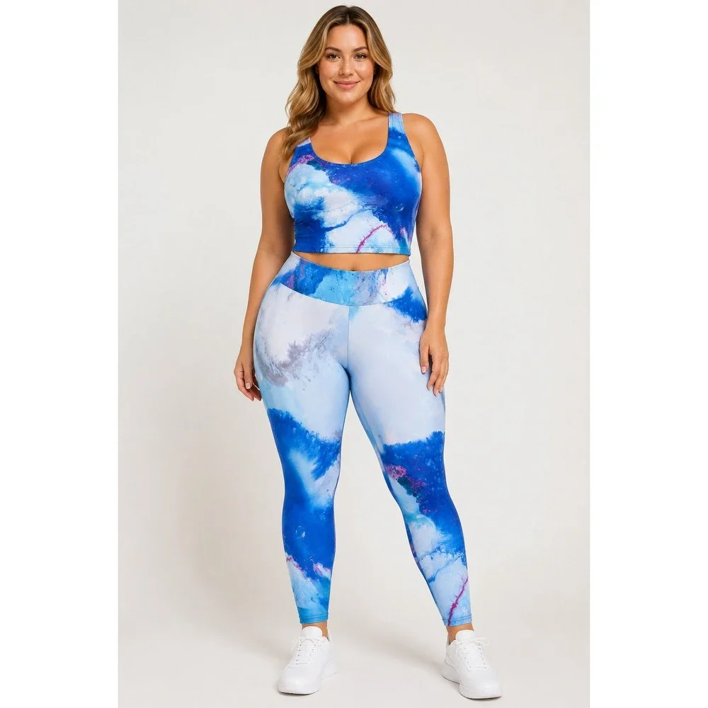 By Rachel Pierce Blue Fluid Art Activewear Set Crop Top Leggings Large